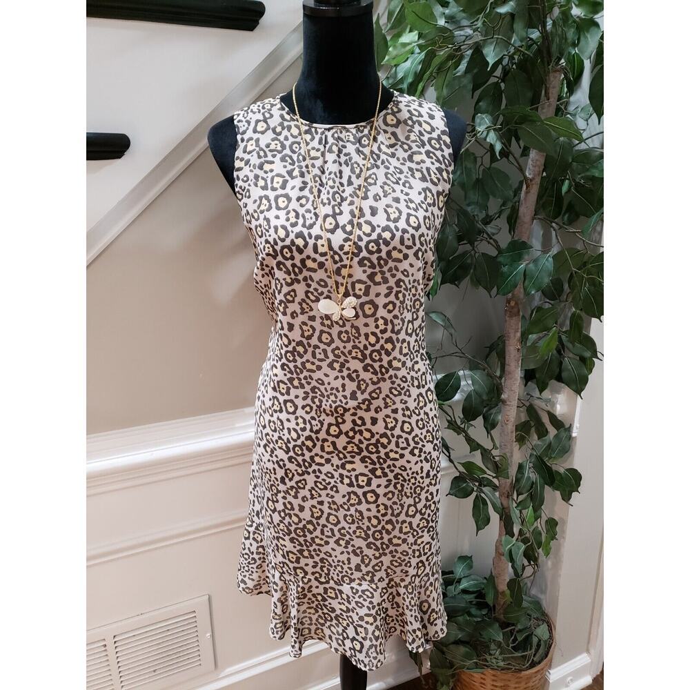 Ann Taylor LOFT Womens Beige Leopard Print Sleeveless Round Neck Shift Dress M